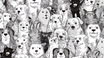 A busy, detailed black and white illustration featuring a large, diverse group of adorable dogs and some cats, creating a charming and intricate animal pattern