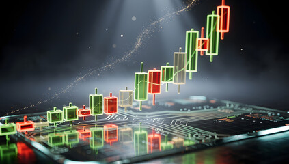 Futuristic 3D glowing candlestick chart with neon green and red candles on a dark holographic grid, cinematic lighting, reflections, and deep atmosphere. AI Generated.