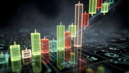 Futuristic 3D glowing candlestick chart with neon green and red candles on a dark holographic grid, cinematic lighting, reflections, and deep atmosphere. AI Generated.