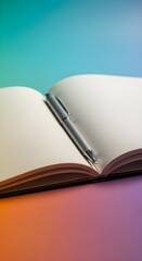 Open blank notebook with a pen resting on the spine against gradient