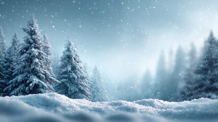 Snow-covered evergreen trees in a winter wonderland during a snowfall