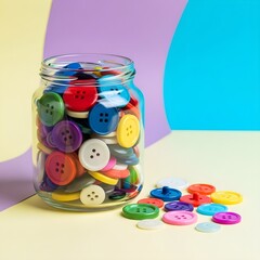Jar full of colorful sewing buttons spilling onto a light surface