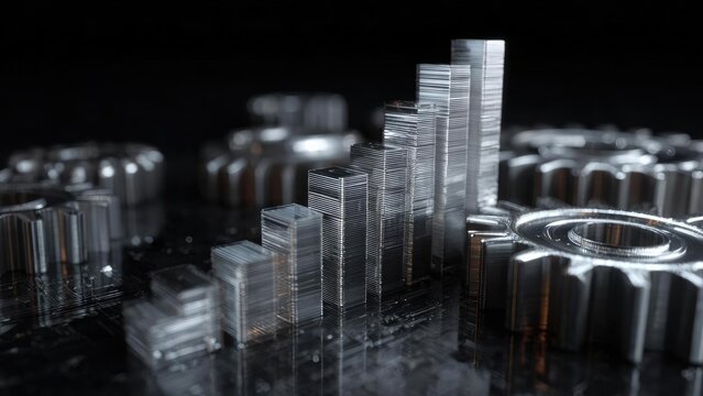 Shiny stacked metal blocks form a rising 3D bar chart on a reflective dark surface. Concept Shiny metal blocks, 3D bar chart, Reflective surface, Industrial design, Graphic composition - Powered by Adobe
