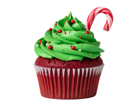 Festive red velvet christmas tree cupcake with candy cane isolated on transparent background - Powered by Adobe