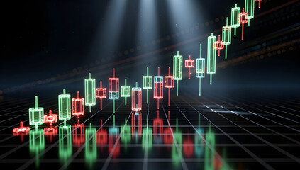 Futuristic 3D glowing candlestick chart with neon green and red candles on a dark holographic grid, cinematic lighting, reflections, and deep atmosphere. AI Generated.