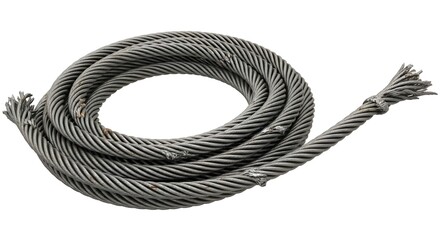 Frayed Steel Wire Rope. A coiled steel wire rope with frayed ends, showcasing its rugged texture and industrial strength.