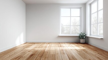 Bright, Empty Room with Large Windows and Wooden Floors