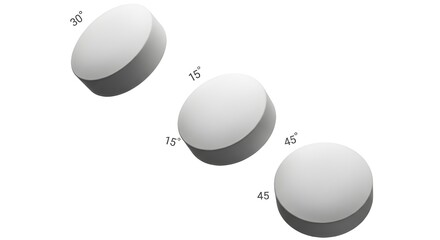 Three circular discs tilted at varying angles—30°, 45°; 15°, 15°; and 45°, 45°—demonstrating geometric perspective.