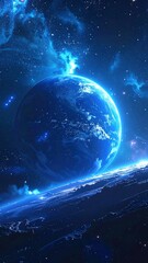 Obraz premium Glowing blue planet in a vivid nebula with scattered stars