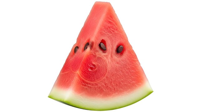 A vibrant triangular slice of watermelon with red flesh, black seeds, and a crisp green rind.