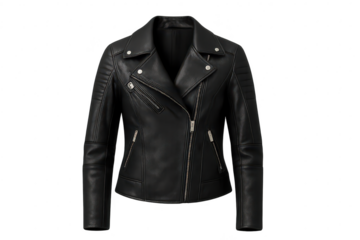 Stylish black leather biker jacket isolated on a transparent background view