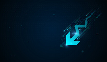 A glowing digital Futuristic red signal trend drop down arrow chart arrows, shooting down against a dark tech background, The futuristic blue lines and geometric elements © Paradox-D