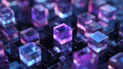 A collection of translucent glass cubes glowing in purple and blue, arranged on a reflective surface. Concept Translucent glass cubes, Purple and blue glow, Reflective surface still life