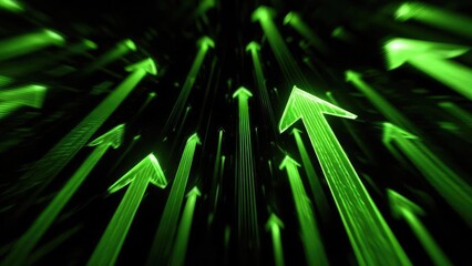 A field of neon green arrows pointing upward in a futuristic digital display. Concept Neon green arrows, Upward arrows field, Futuristic digital display, Techno arrow landscape