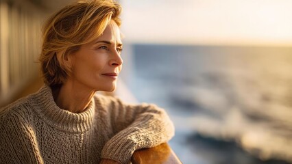 An older woman in a chunky knit sweater leans on a ship railing, watching the sunset over the ocean. Concept Graceful older woman in a chunky knit sweater, Woman leaning on ship railing