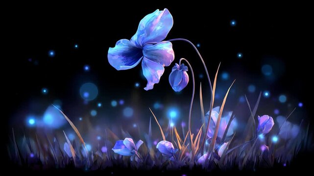 Fantasy blue flower illustration with glowing light effects and dark background