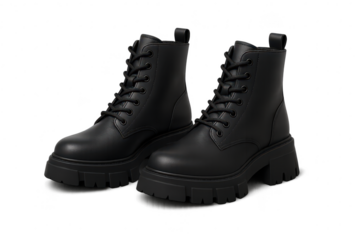 Pair of black leather combat boots isolated on transparent background, modern style