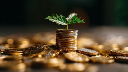 A vibrant green plant grows from a stack of golden coins, symbolizing financial growth, investment, and the prosperous future of wealth and business