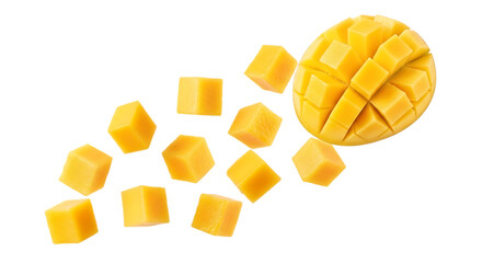 Fresh ripe mango half and diced cubes isolated on transparent background