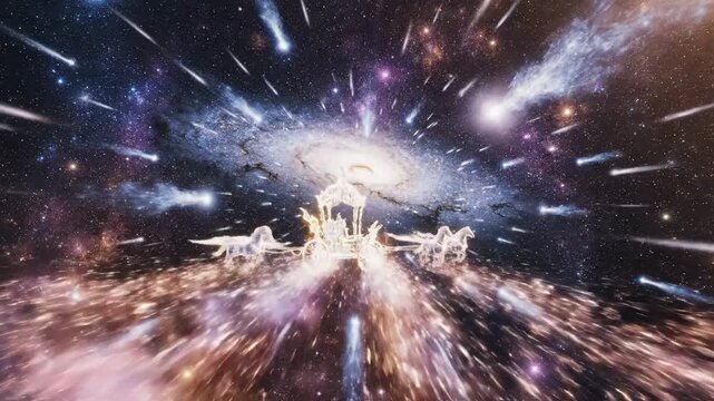 Fantasy chariot horses illuminated in starry cosmos illustration