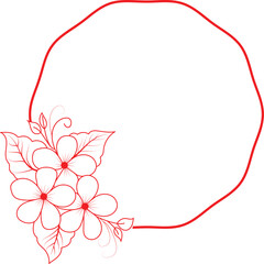 Floral frame with delicate flowers and leaves in red outline
