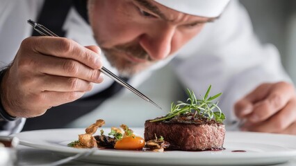 Chef uses tweezers to garnish a seared steak with rosemary, plated with roasted vegetables and a glossy sauce. Concept Gourmet plating artistry, Tweezers garnish technique, Seared steak presentation