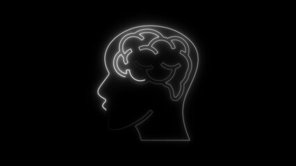 White Neon Outline of Human Head Profile with Brain Inside on Black Background silhouette