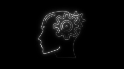 White Neon Outline of Human Head Profile with Gears Inside on Black Background silhouette