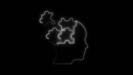 White neon outline of human head profile with puzzle pieces inside on black background silhouette