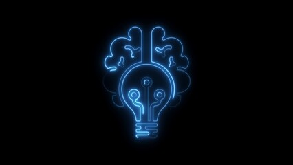 Blue Neon Outline of Brain and Lightbulb Combination Against Black Background idea innovation