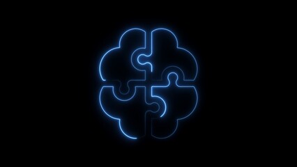 Blue Neon Outline Brain Puzzle Symbol on Black Background jigsaw