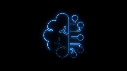 Blue Neon Outline of Brain with Digital Connections on Black Background mind intelligence