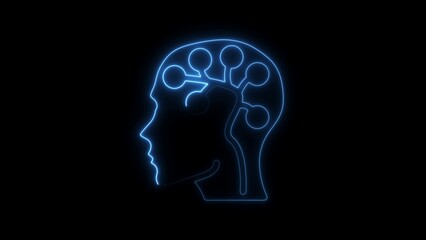 Blue neon outline of human head profile with abstract brain circuitry inside on black background artificial intelligence