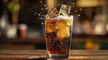 A lime soda with floating ice cubes condensation forming set on a wooden table