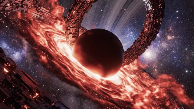 Futuristic Sci-Fi Space Ring Megastructure Rotating Around Massive Red Planet and Nebula