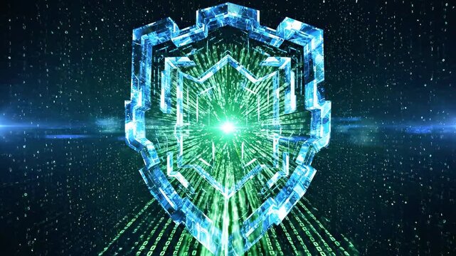 Vibrant, crystalline shield anchors the scene; neon green and blue beams radiate through space glow