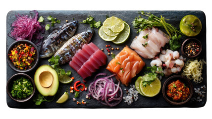 Fresh gourmet sushi assortment plate, a healthy Japanese raw fish appetizer and vegetable dish