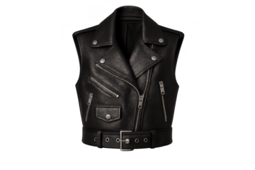 Sleeveless black leather biker jacket, isolated on transparent background view