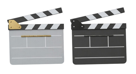 Fototapeta premium Two clapperboards one gray and one black side by side transparent background cutout png