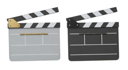 Two clapperboards one gray and one black side by side transparent background cutout png