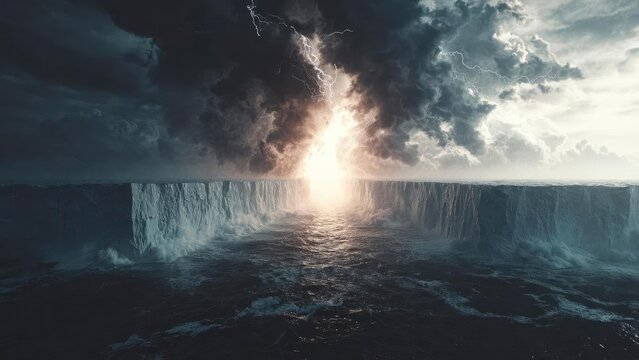 An ocean between towering ice cliffs forming a chasm, with stormy skies, lightning, and a bright glow at the far end. Concept Ice Cliff Chasm Over a Dark Ocean with Storm Clouds