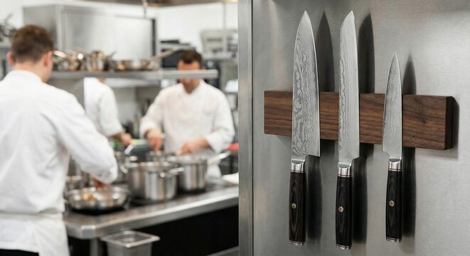 Professional chefs meticulously preparing dishes in busy commercial kitchen, with display of premium Damascus steel knives.