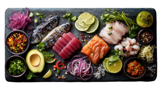 Fresh gourmet sushi assortment plate, a healthy Japanese raw fish appetizer and vegetable dish