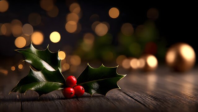 Close-up of fresh green holly leaves with vibrant red berries, resting on a dark rustic wooden surface with warm golden bokeh lights in the background. - Powered by Adobe