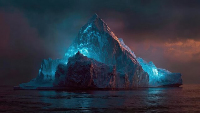 Glowing blue iceberg floating in a dark sea under a moody orange sky. Concept Glowing Iceberg, Moody Orange Sky, Dark Sea, Night Photography, Surreal Seascape