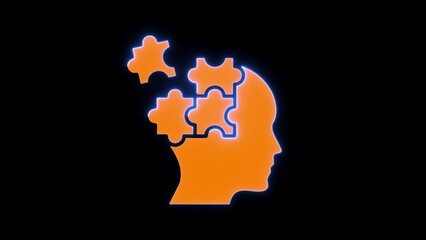 Orange Silhouette of Human Head Profile with Blue Neon Glow and Puzzle Pieces Inside person