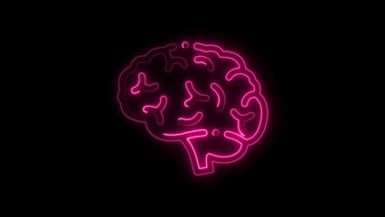Pink Neon Brain Icon on Black Background symbol