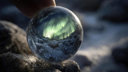 A glass sphere on icy rocks reflects the green aurora over a barren rocky shoreline. Concept Glass sphere, Icy rocks, Green aurora, Barren shoreline, Night photography