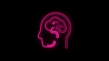 Pink Neon Outline of Human Head Profile with Brain Inside on Black Background silhouette