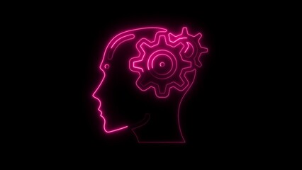 Pink Neon Outline of Human Head with Gears Inside on Black Background neon light